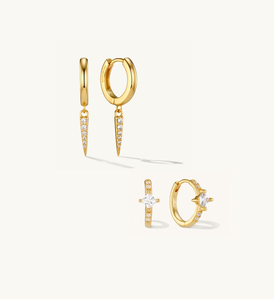 Pave Drop Earrings & Halo Hoop Earrings Stacking Set Gold