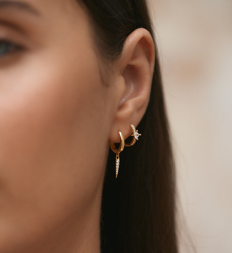 Pave Drop Earrings & Halo Hoop Earrings Stacking Set Gold