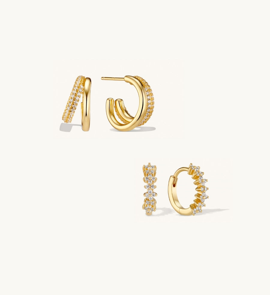 Duo Layered Hoops & Flora Crystal Hoops Stacking Set in Gold