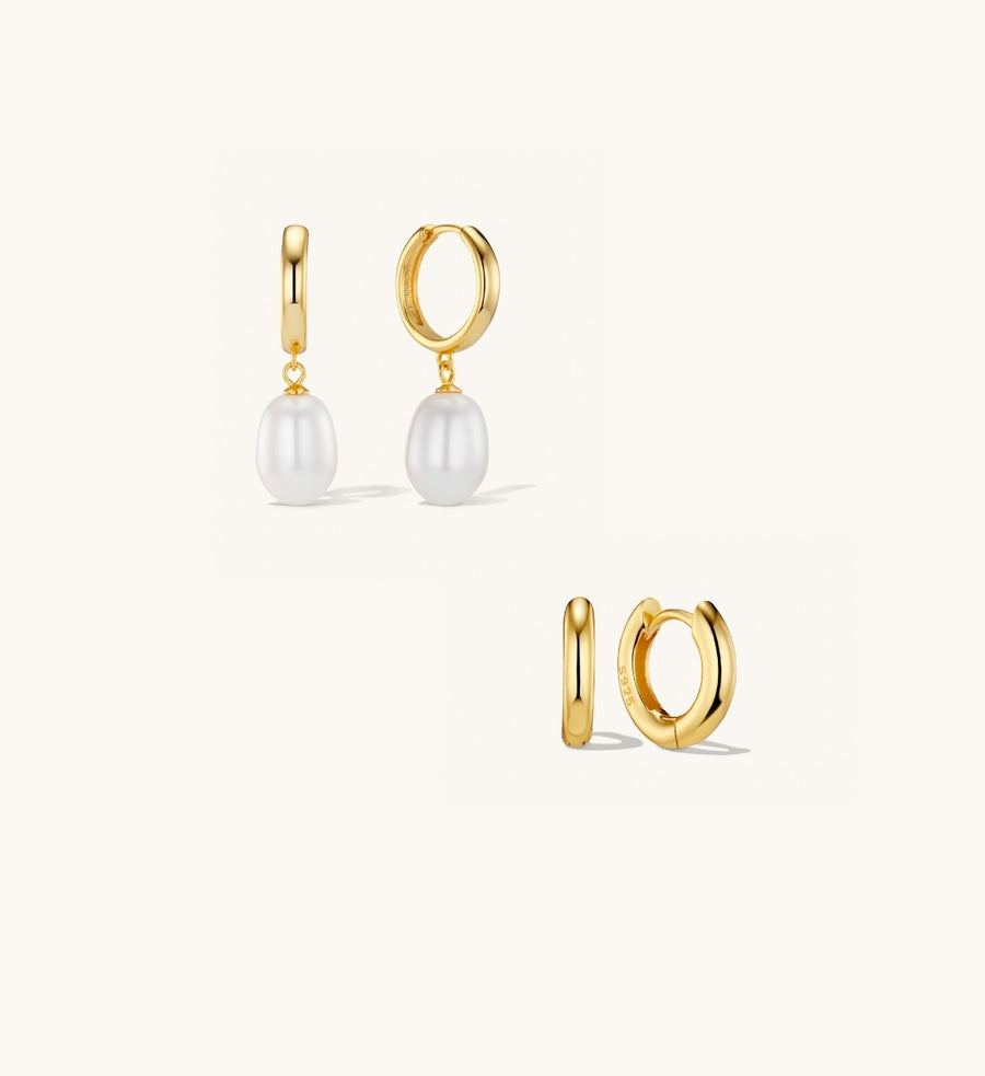 Aura Pearl Earrings & Small Bold Hoops Stacking Set Gold