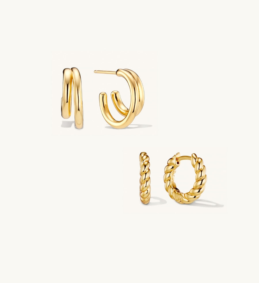 Classic Layered Hoop Earrings Gold & Eternal Rope Hoops Gold Stacking Set