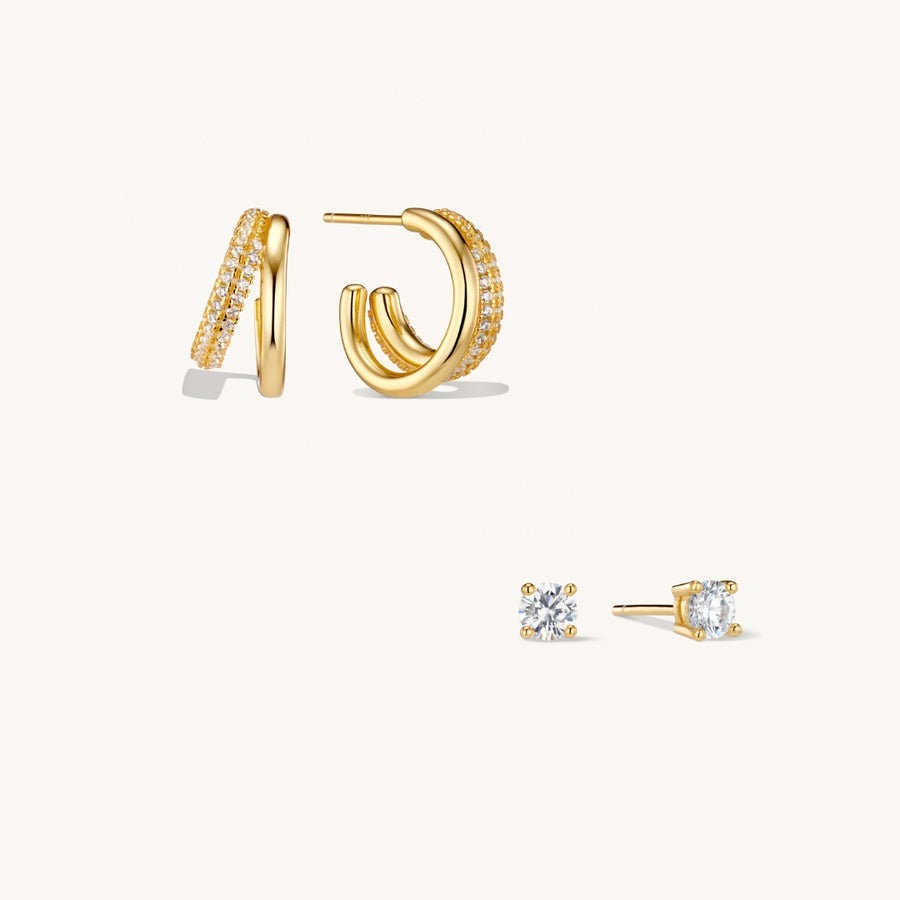 Duo Layered Hoops & Diamond Stud Earrings Stacking Set Gold