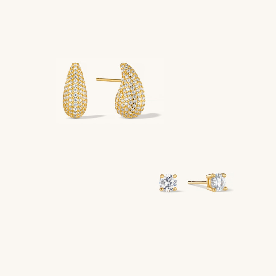 The Pave Dome Earrings & Diamond Stud Earrings Stacking Set in Gold