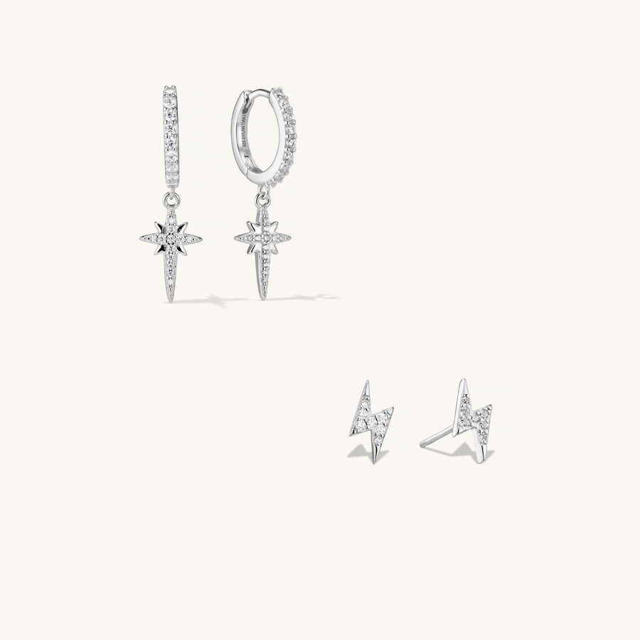 The North Star Earring & Lightning Bolt Stacking Set in Silver